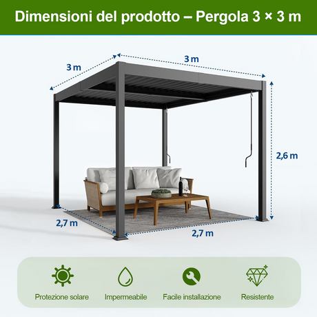 Patioslife Atlantic™ Pergola in Alluminio con Tetto Regolabile e Luci LED Ambientali, Pergola Autoportante per Giardino, Patio, Terrazza e Piscina – Soluzione Esterno per Relax e Comfort