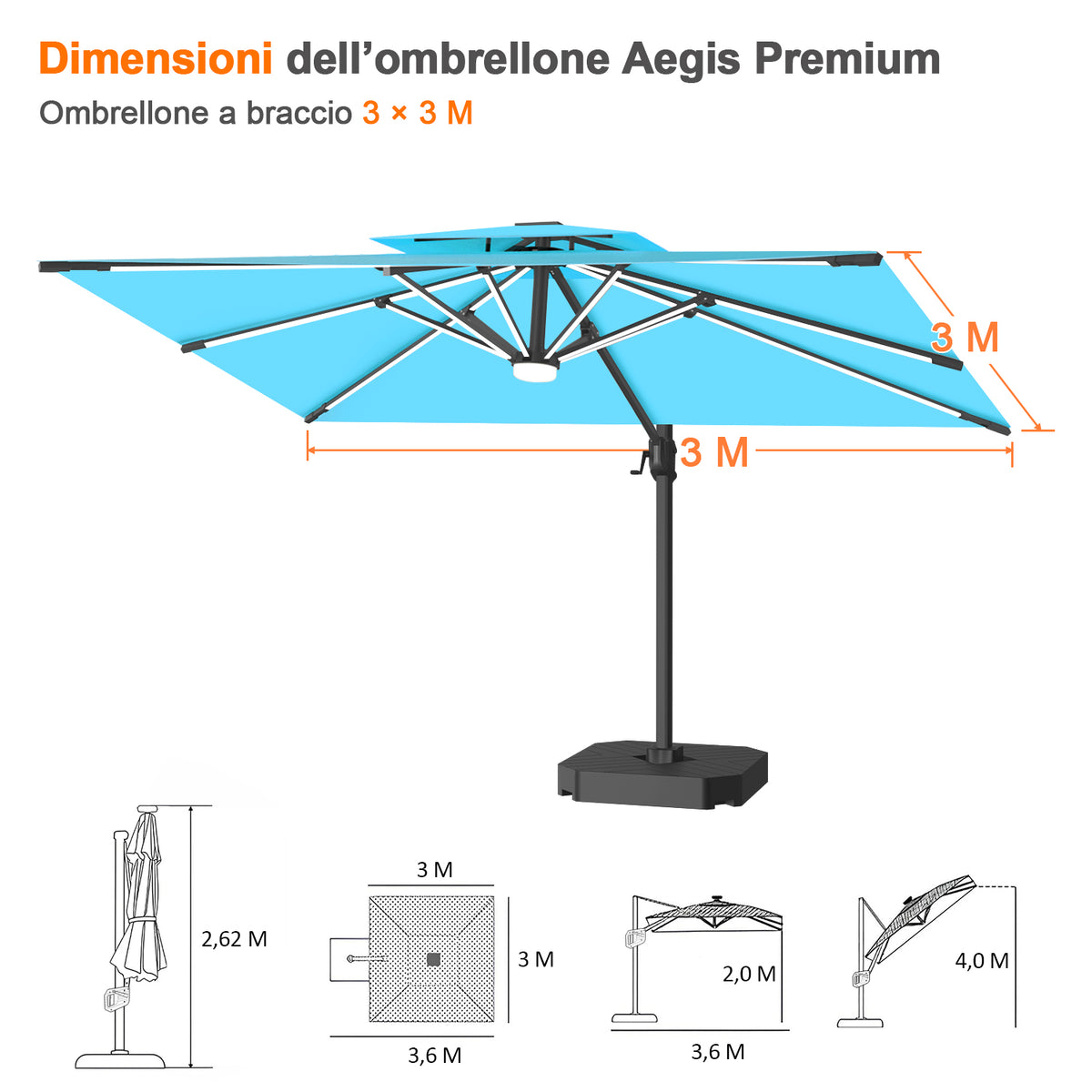 Patioslife Aegis premium – Ombrellone a braccio con luci LED su tutte le stecche, stecche in fibra di vetro e palo in alluminio verniciato