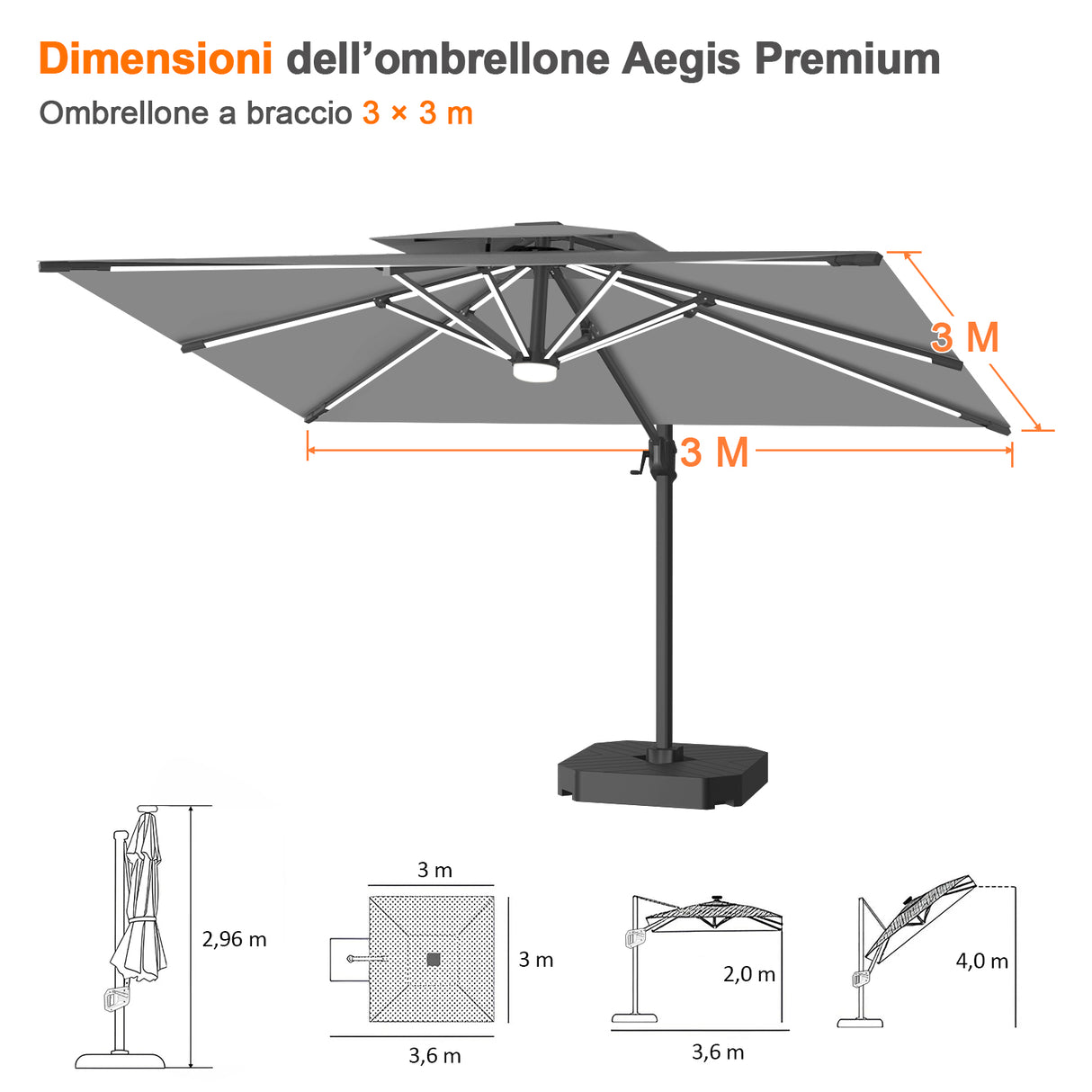 Patioslife Aegis Premium Ombrellone a Braccio con Luci LED a Striscia su Tutte le Stecche, Stecche in Fibra di Vetro, Palo in Alluminio Verniciato a Polvere e Copertura Protettiva – Ombrellone da Giardino e Patio di Lusso per Esterni