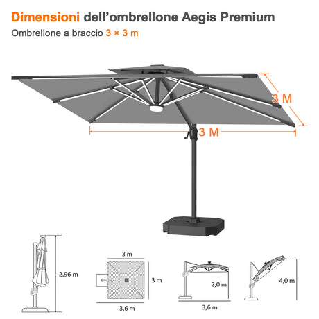 Patioslife Aegis Premium Ombrellone a Braccio con Luci LED a Striscia su Tutte le Stecche, Stecche in Fibra di Vetro, Palo in Alluminio Verniciato a Polvere e Copertura Protettiva – Ombrellone da Giardino e Patio di Lusso per Esterni