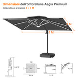 Patioslife Aegis premium – Ombrellone a braccio con luci LED su tutte le stecche, stecche in fibra di vetro e palo in alluminio verniciato