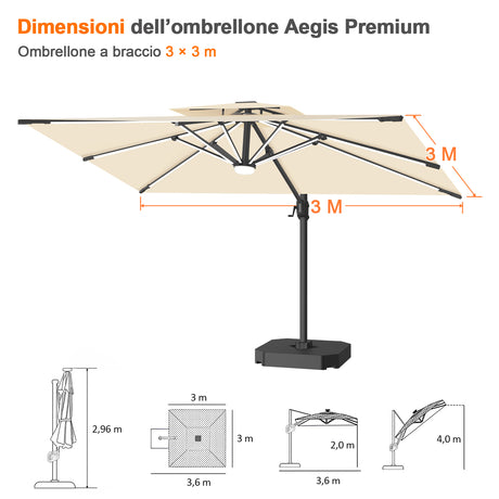 Patioslife Aegis Premium Ombrellone a Braccio con Luci LED a Striscia su Tutte le Stecche, Stecche in Fibra di Vetro, Palo in Alluminio Verniciato a Polvere e Copertura Protettiva – Ombrellone da Giardino e Patio di Lusso per Esterni