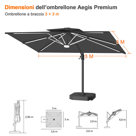 Patioslife Aegis Premium Ombrellone a Braccio con Luci LED a Striscia su Tutte le Stecche, Stecche in Fibra di Vetro, Palo in Alluminio Verniciato a Polvere e Copertura Protettiva – Ombrellone da Giardino e Patio di Lusso per Esterni