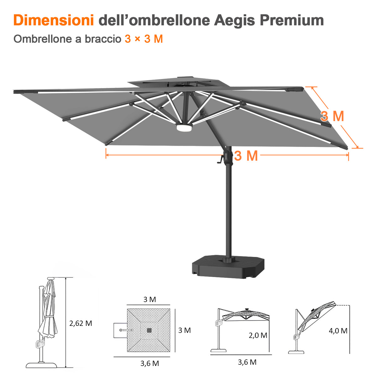 Patioslife Aegis premium – Ombrellone a braccio con luci LED su tutte le stecche, stecche in fibra di vetro e palo in alluminio verniciato
