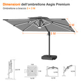 Patioslife Aegis premium – Ombrellone a braccio con luci LED su tutte le stecche, stecche in fibra di vetro e palo in alluminio verniciato
