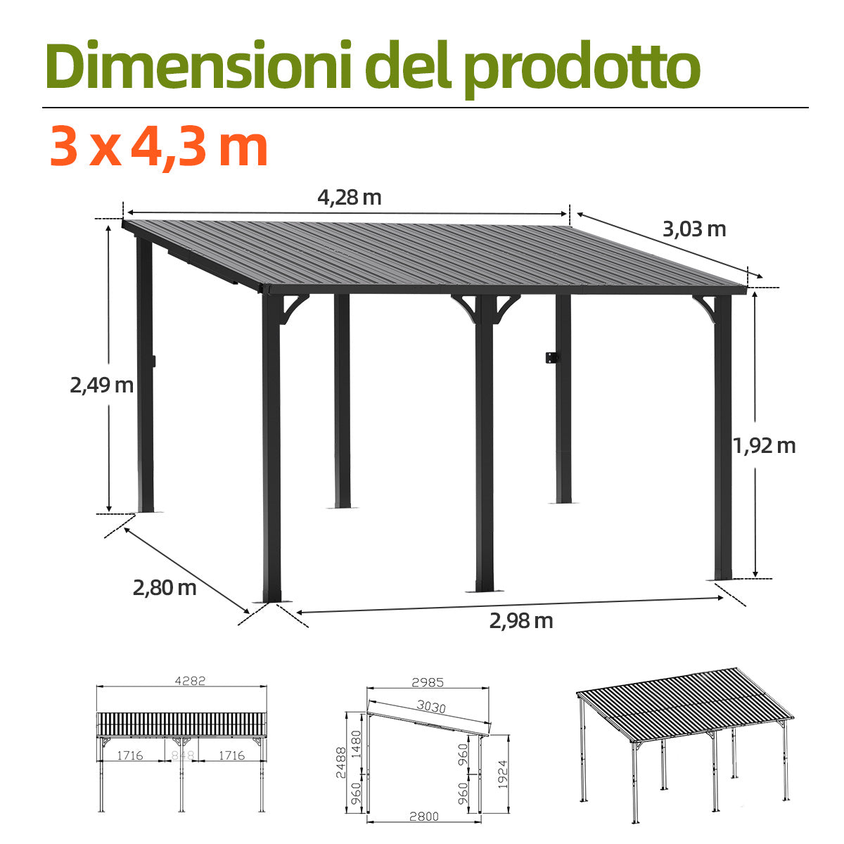 Patioslife Haven Gazebo da Giardino a Tetto Rigido Montato a Parete in Alluminio, Pergola Resistente per Giardino, Cortile o Terrazza, Tetto per Esterni