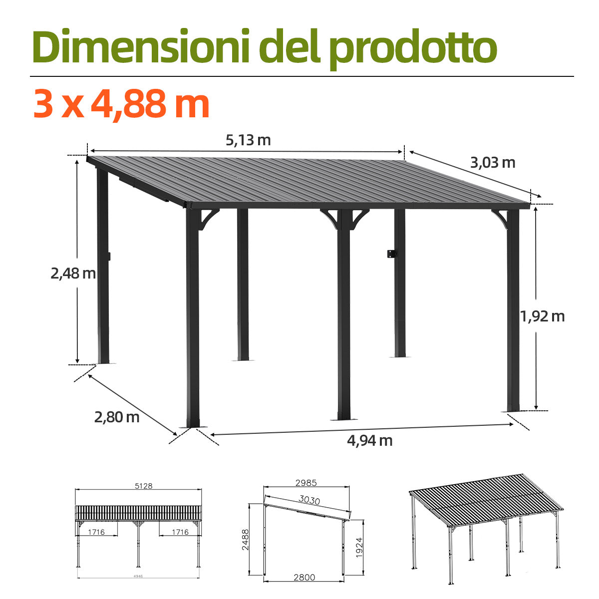 Patioslife Haven Gazebo da Giardino a Tetto Rigido Montato a Parete in Alluminio, Pergola Resistente per Giardino, Cortile o Terrazza, Tetto per Esterni