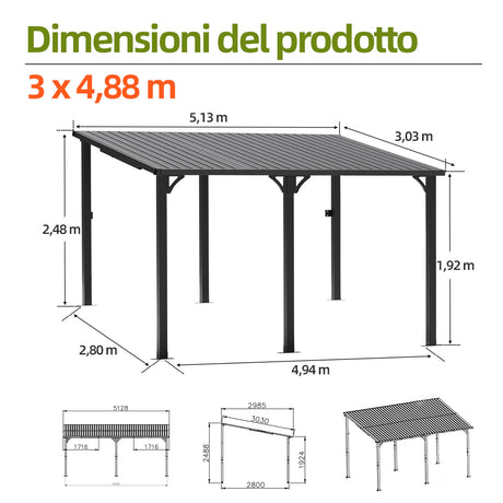 Patioslife Haven Gazebo da Giardino a Tetto Rigido Montato a Parete in Alluminio, Pergola Resistente per Giardino, Cortile o Terrazza, Tetto per Esterni