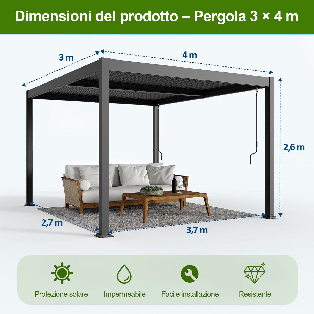 Patioslife Atlantic™ Pergola in Alluminio con Tetto Regolabile e Luci LED Ambientali, Pergola Autoportante per Giardino, Patio, Terrazza e Piscina – Soluzione Esterno per Relax e Comfort
