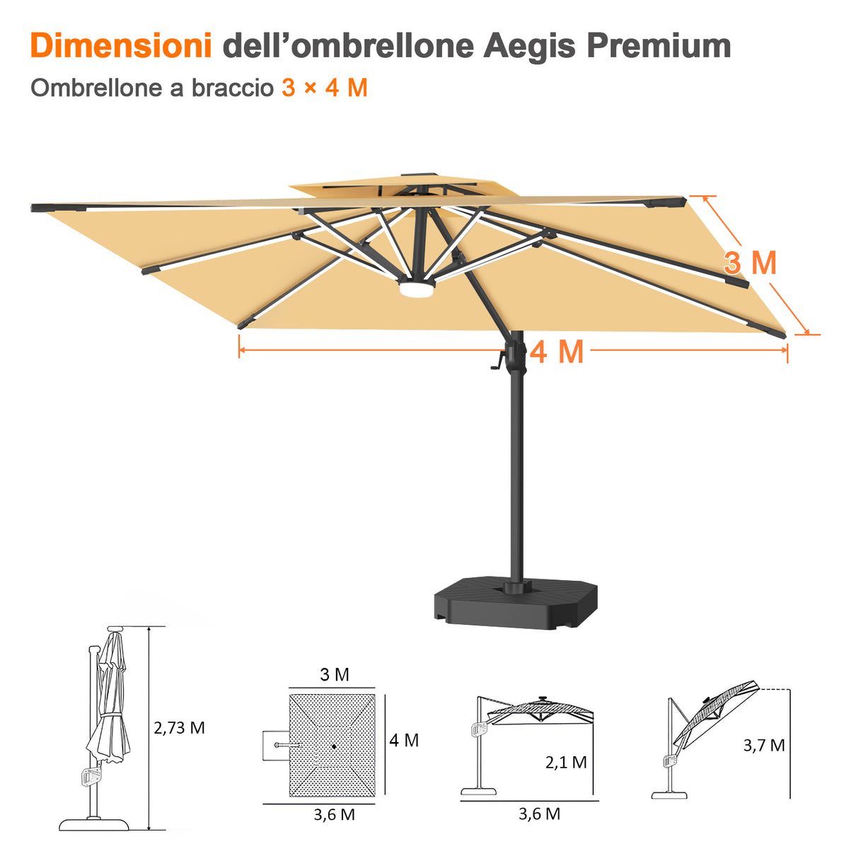 Patioslife Aegis premium – Ombrellone a braccio con luci LED su tutte le stecche, stecche in fibra di vetro e palo in alluminio verniciato
