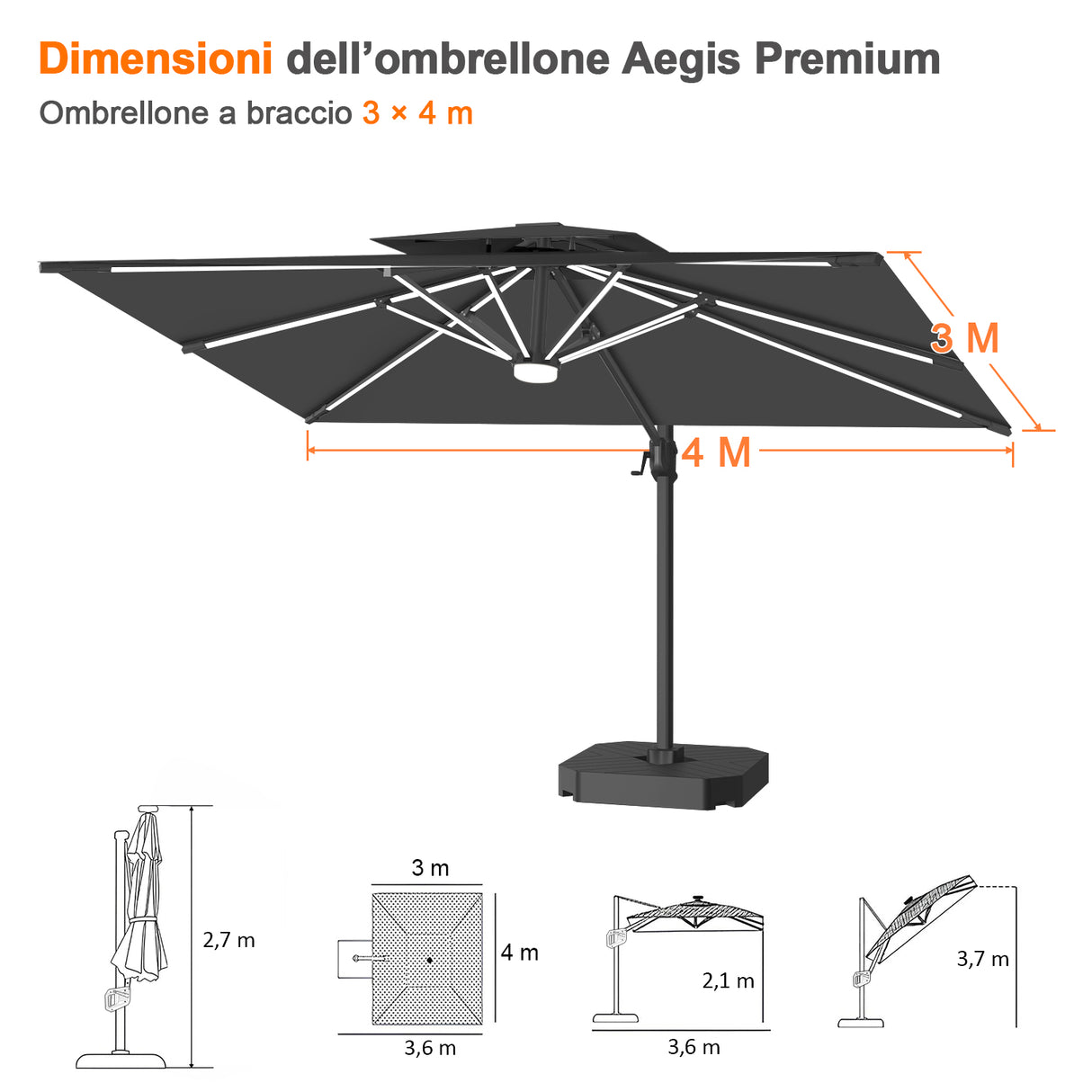 Patioslife Aegis Premium Ombrellone a Braccio con Luci LED a Striscia su Tutte le Stecche, Stecche in Fibra di Vetro, Palo in Alluminio Verniciato a Polvere e Copertura Protettiva – Ombrellone da Giardino e Patio di Lusso per Esterni