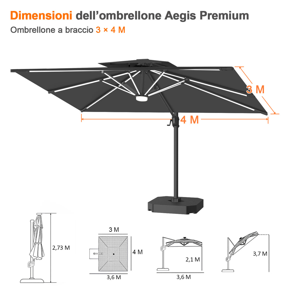 Patioslife Aegis premium – Ombrellone a braccio con luci LED su tutte le stecche, stecche in fibra di vetro e palo in alluminio verniciato