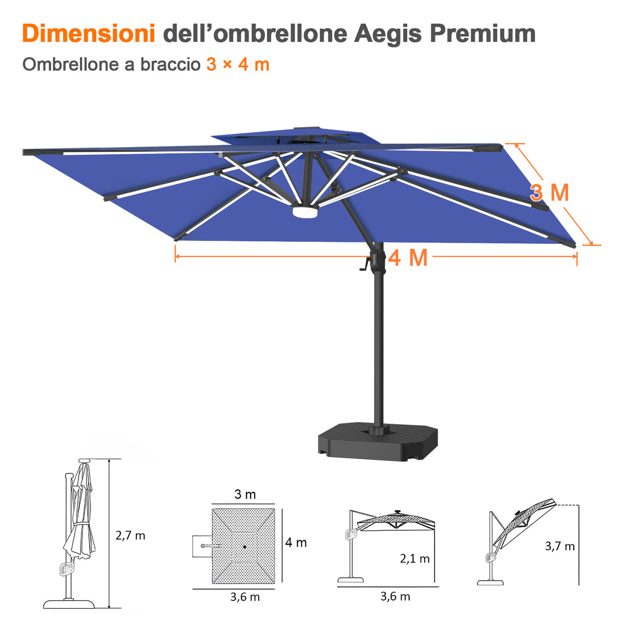 Patioslife Aegis Premium Ombrellone a Braccio con Luci LED a Striscia su Tutte le Stecche, Stecche in Fibra di Vetro, Palo in Alluminio Verniciato a Polvere e Copertura Protettiva – Ombrellone da Giardino e Patio di Lusso per Esterni