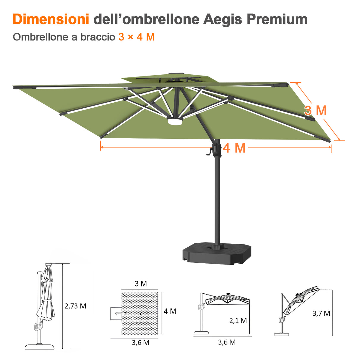Patioslife Aegis premium – Ombrellone a braccio con luci LED su tutte le stecche, stecche in fibra di vetro e palo in alluminio verniciato