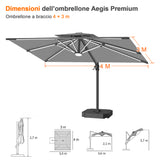 Patioslife Aegis Premium Ombrellone a Braccio con Luci LED a Striscia su Tutte le Stecche, Stecche in Fibra di Vetro, Palo in Alluminio Verniciato a Polvere e Copertura Protettiva – Ombrellone da Giardino e Patio di Lusso per Esterni