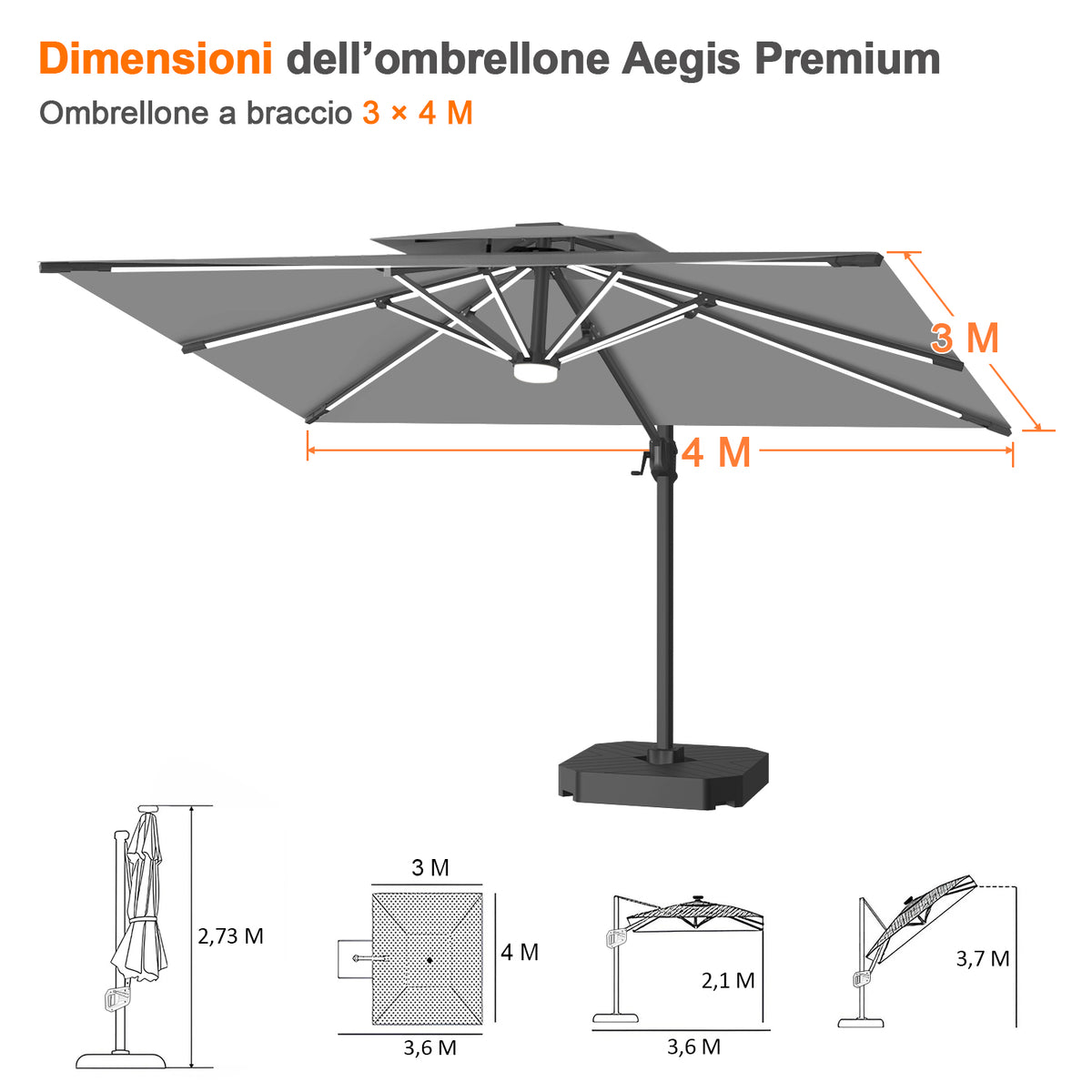 Patioslife Aegis premium – Ombrellone a braccio con luci LED su tutte le stecche, stecche in fibra di vetro e palo in alluminio verniciato