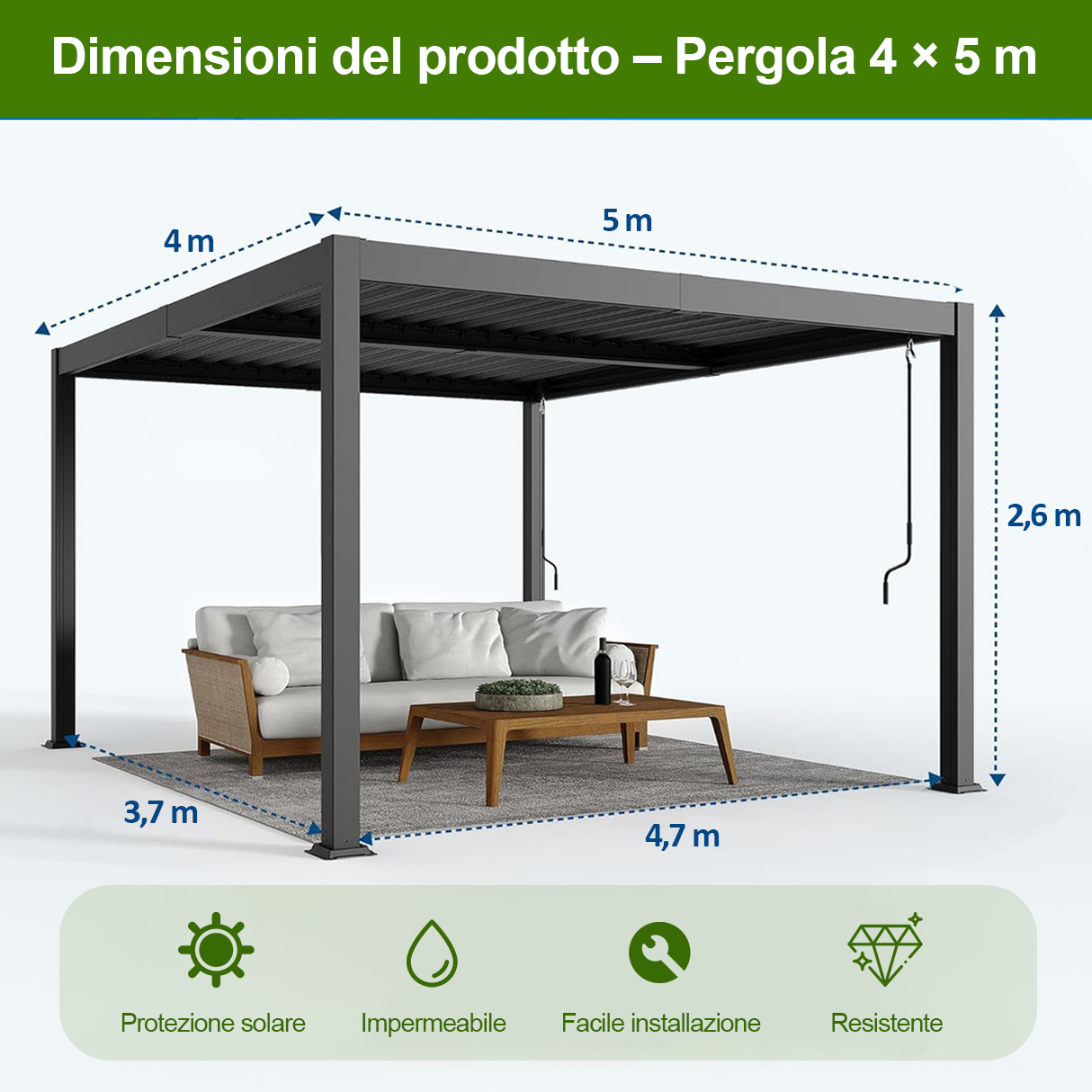 Patioslife Atlantic™ Pergola in Alluminio con Tetto Regolabile e Luci LED Ambientali, Pergola Autoportante per Giardino, Patio, Terrazza e Piscina – Soluzione Esterno per Relax e Comfort