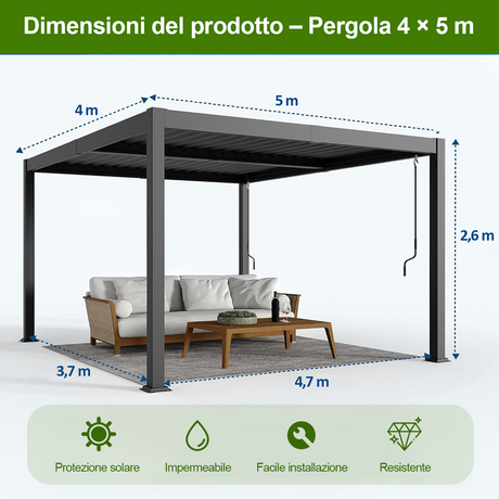 Patioslife Atlantic™ Pergola in Alluminio con Tetto Regolabile e Luci LED Ambientali, Pergola Autoportante per Giardino, Patio, Terrazza e Piscina – Soluzione Esterno per Relax e Comfort