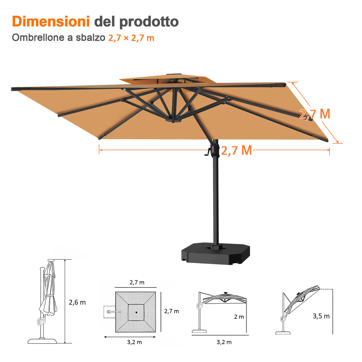 Patioslife Aegis Pro™ Ombrellone a Braccio con Base Incrociata, Struttura Robusta e Palo in Alluminio Verniciato a Polvere – Ombrellone da Giardino e Patio per Esterni