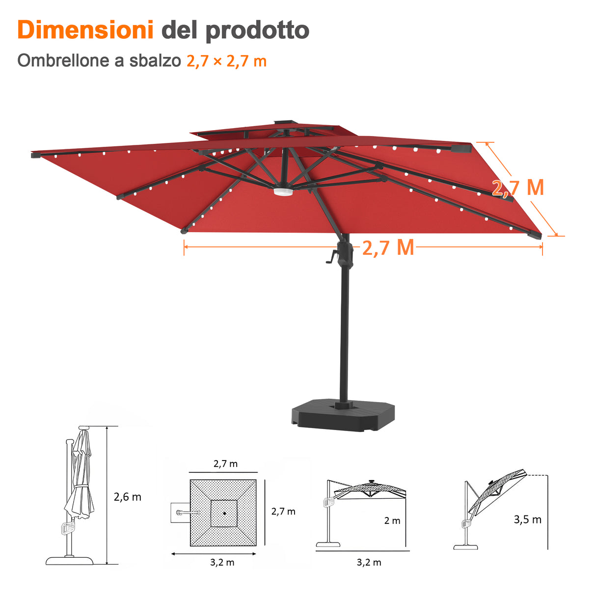 Patioslife Aegis Pro Ombrellone a Braccio con Luci LED, Struttura in Alluminio Rinforzato e Verniciato a Polvere — Ombrellone da Giardino e Patio per Esterni