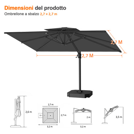Patioslife Aegis Pro™ Ombrellone a Braccio con Base Incrociata, Struttura Robusta e Palo in Alluminio Verniciato a Polvere – Ombrellone da Giardino e Patio per Esterni