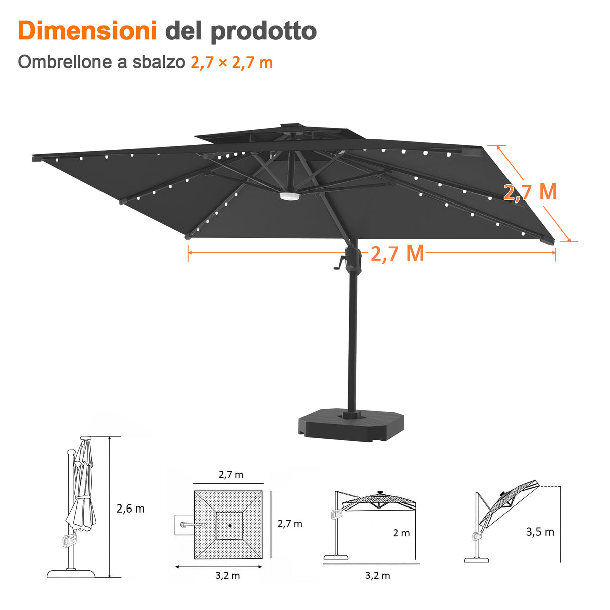 Patioslife Aegis Pro Ombrellone a Braccio con Luci LED, Struttura in Alluminio Rinforzato e Verniciato a Polvere — Ombrellone da Giardino e Patio per Esterni