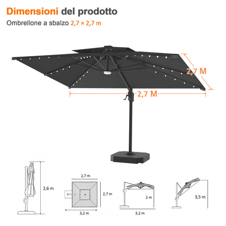 Patioslife Aegis Pro Ombrellone a Braccio con Luci LED, Struttura in Alluminio Rinforzato e Verniciato a Polvere — Ombrellone da Giardino e Patio per Esterni
