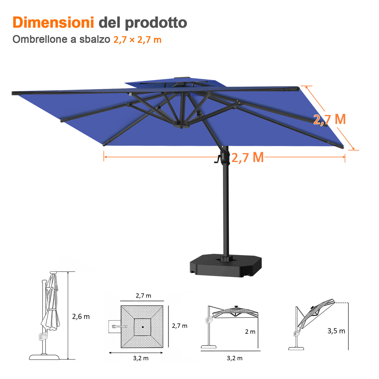 Patioslife Aegis Pro™ Ombrellone a Braccio con Base Incrociata, Struttura Robusta e Palo in Alluminio Verniciato a Polvere – Ombrellone da Giardino e Patio per Esterni