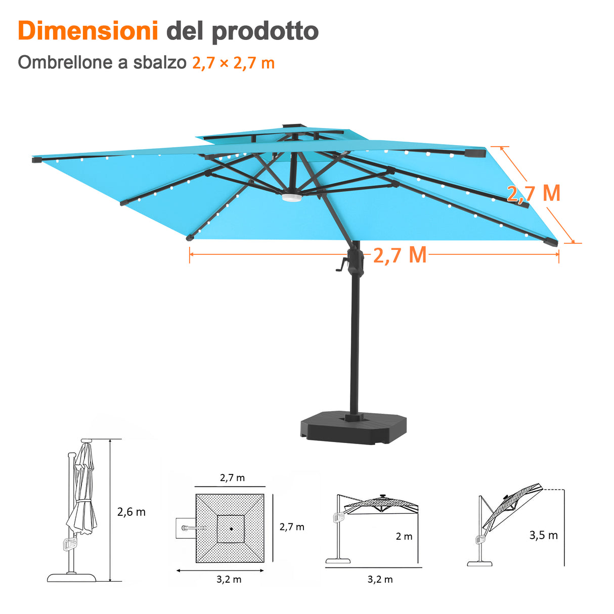 Patioslife Aegis Pro Ombrellone a Braccio con Luci LED, Struttura in Alluminio Rinforzato e Verniciato a Polvere — Ombrellone da Giardino e Patio per Esterni