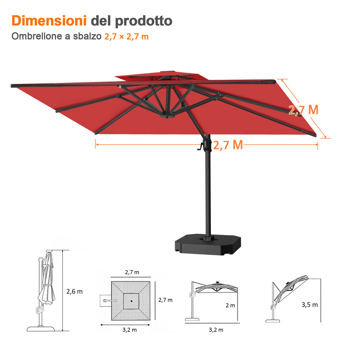 Patioslife Aegis Pro™ Ombrellone a Braccio con Base Incrociata, Struttura Robusta e Palo in Alluminio Verniciato a Polvere – Ombrellone da Giardino e Patio per Esterni