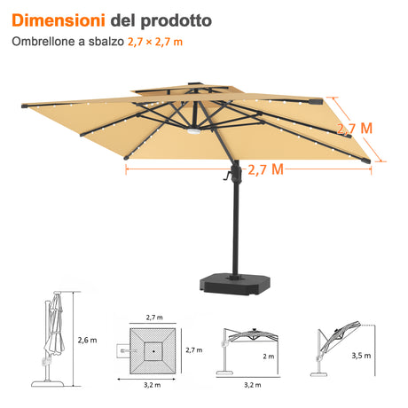 Patioslife Aegis Pro Ombrellone a Braccio con Luci LED, Struttura in Alluminio Rinforzato e Verniciato a Polvere — Ombrellone da Giardino e Patio per Esterni
