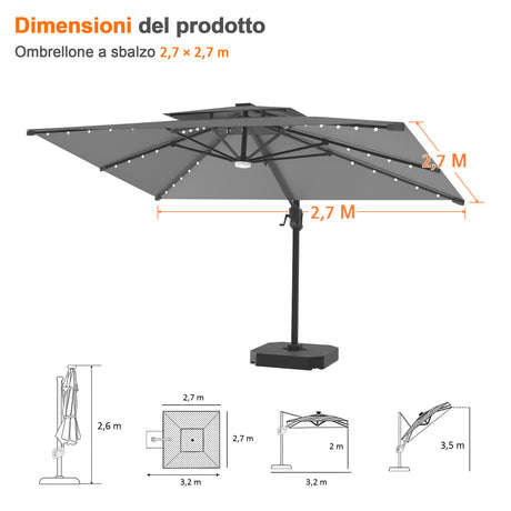 Patioslife Aegis Pro Ombrellone a Braccio con Luci LED, Struttura in Alluminio Rinforzato e Verniciato a Polvere — Ombrellone da Giardino e Patio per Esterni