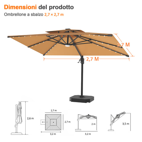 Patioslife Aegis Pro Ombrellone a Braccio con Luci LED, Struttura in Alluminio Rinforzato e Verniciato a Polvere — Ombrellone da Giardino e Patio per Esterni