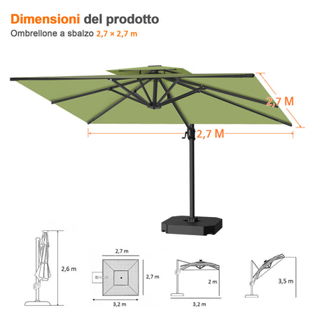 Patioslife Aegis Pro™ Ombrellone a Braccio con Base Incrociata, Struttura Robusta e Palo in Alluminio Verniciato a Polvere – Ombrellone da Giardino e Patio per Esterni