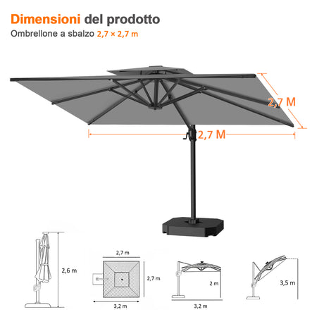 Patioslife Aegis Pro™ Ombrellone a Braccio con Base Incrociata, Struttura Robusta e Palo in Alluminio Verniciato a Polvere – Ombrellone da Giardino e Patio per Esterni
