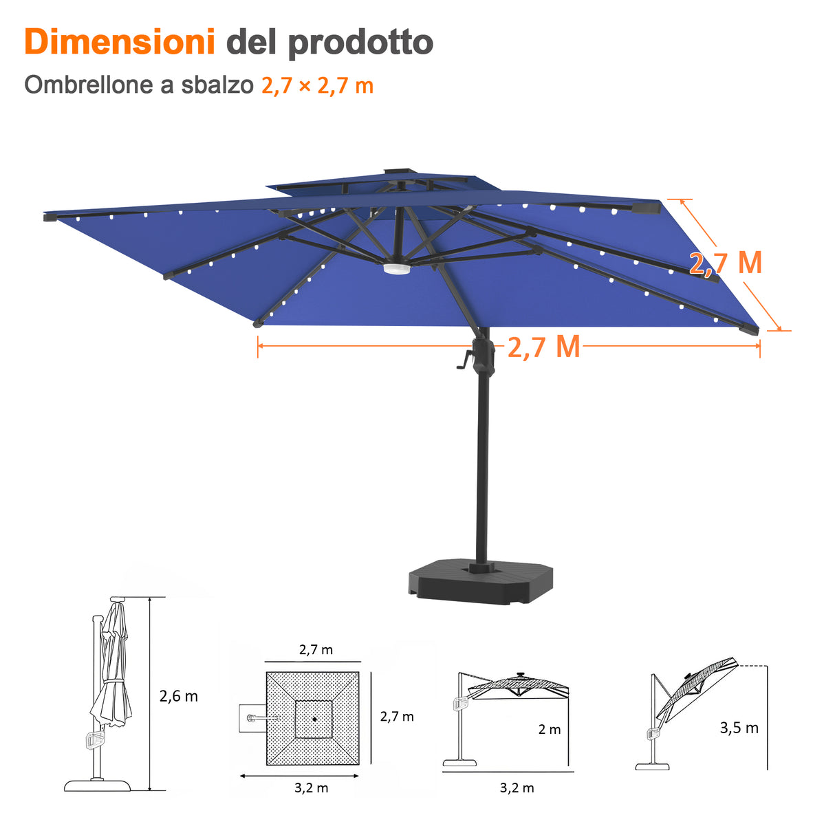 Patioslife Aegis Pro Ombrellone a Braccio con Luci LED, Struttura in Alluminio Rinforzato e Verniciato a Polvere — Ombrellone da Giardino e Patio per Esterni