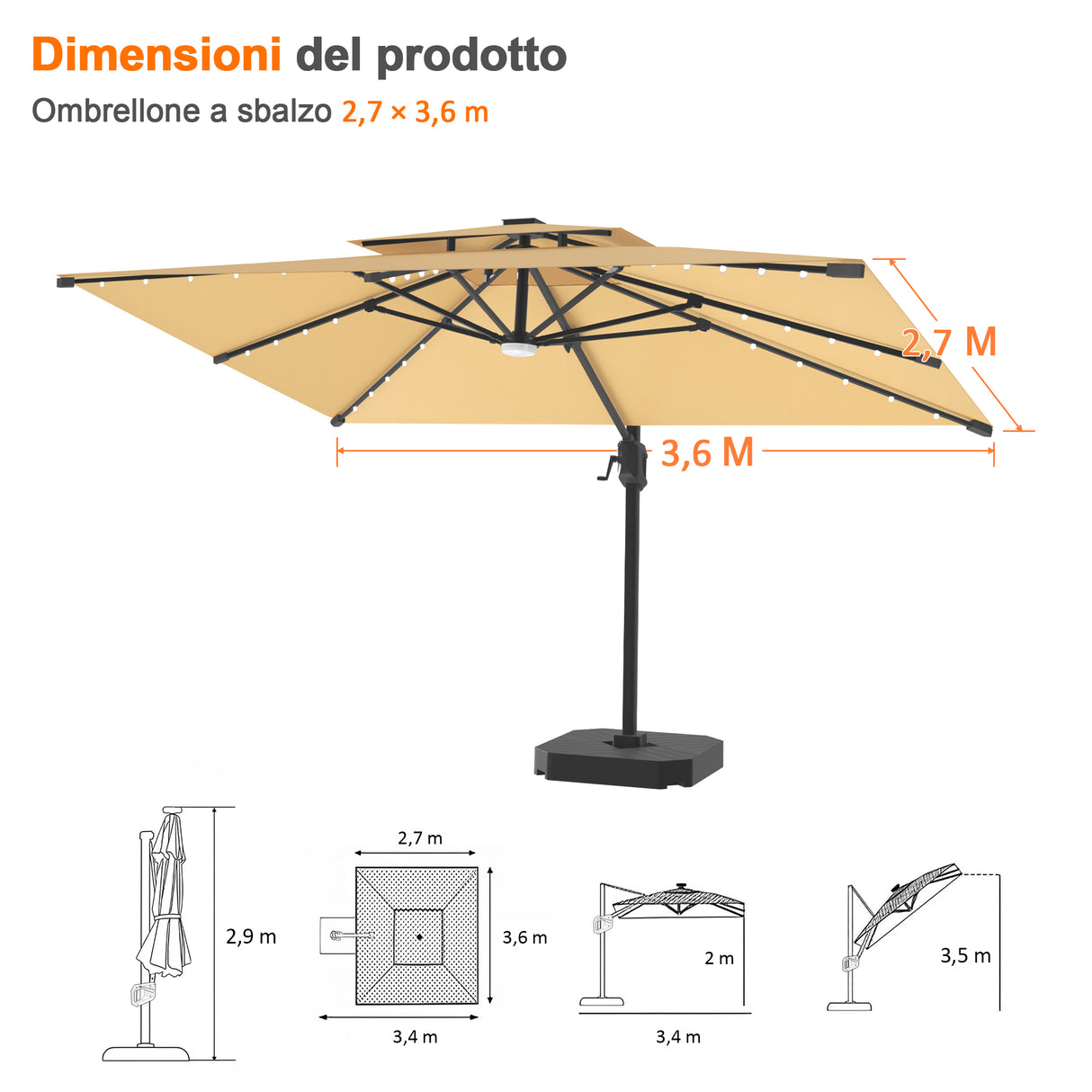 Patioslife Aegis Pro Ombrellone a Braccio con Luci LED, Struttura in Alluminio Rinforzato e Verniciato a Polvere — Ombrellone da Giardino e Patio per Esterni