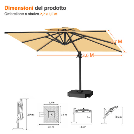 Patioslife Aegis Pro™ Ombrellone a Braccio con Base Incrociata, Struttura Robusta e Palo in Alluminio Verniciato a Polvere – Ombrellone da Giardino e Patio per Esterni