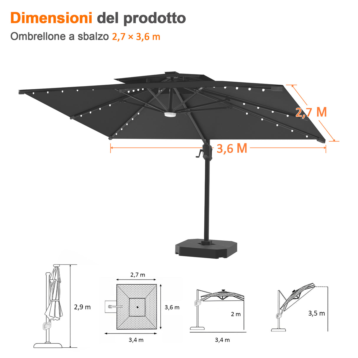 Patioslife Aegis Pro Ombrellone a Braccio con Luci LED, Struttura in Alluminio Rinforzato e Verniciato a Polvere — Ombrellone da Giardino e Patio per Esterni