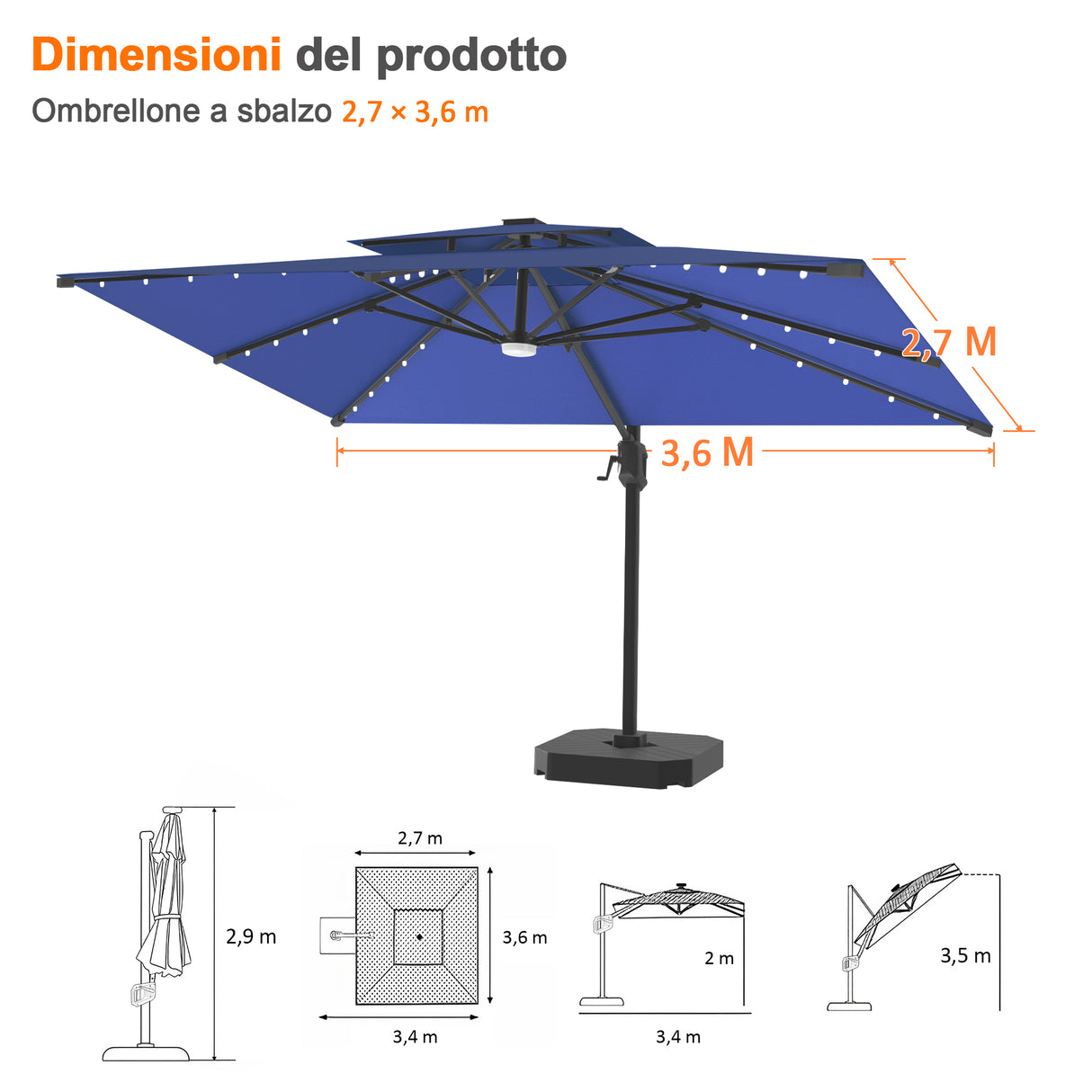 Patioslife Aegis Pro Ombrellone a Braccio con Luci LED, Struttura in Alluminio Rinforzato e Verniciato a Polvere — Ombrellone da Giardino e Patio per Esterni