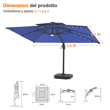 Patioslife Aegis Pro Ombrellone a Braccio con Luci LED, Struttura in Alluminio Rinforzato e Verniciato a Polvere — Ombrellone da Giardino e Patio per Esterni