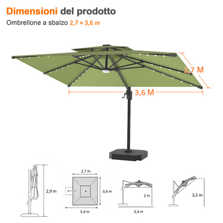 Patioslife Aegis Pro Ombrellone a Braccio con Luci LED, Struttura in Alluminio Rinforzato e Verniciato a Polvere — Ombrellone da Giardino e Patio per Esterni