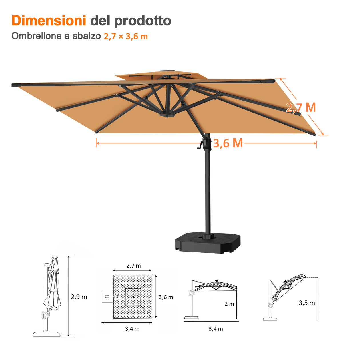 Patioslife Aegis Pro™ Ombrellone a Braccio con Base Incrociata, Struttura Robusta e Palo in Alluminio Verniciato a Polvere – Ombrellone da Giardino e Patio per Esterni