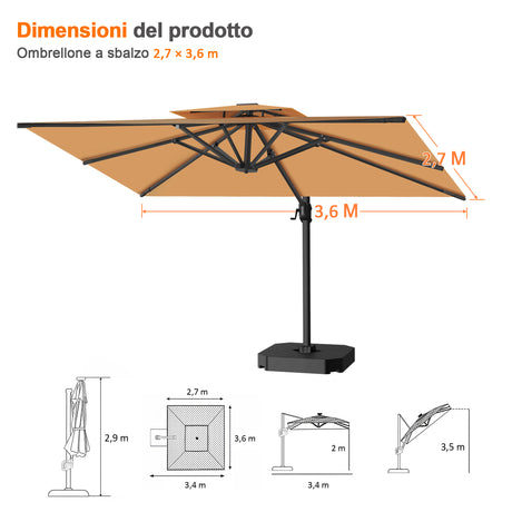 Patioslife Aegis Pro™ Ombrellone a Braccio con Base Incrociata, Struttura Robusta e Palo in Alluminio Verniciato a Polvere – Ombrellone da Giardino e Patio per Esterni