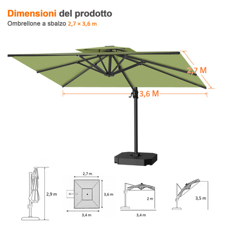 Patioslife Aegis Pro™ Ombrellone a Braccio con Base Incrociata, Struttura Robusta e Palo in Alluminio Verniciato a Polvere – Ombrellone da Giardino e Patio per Esterni