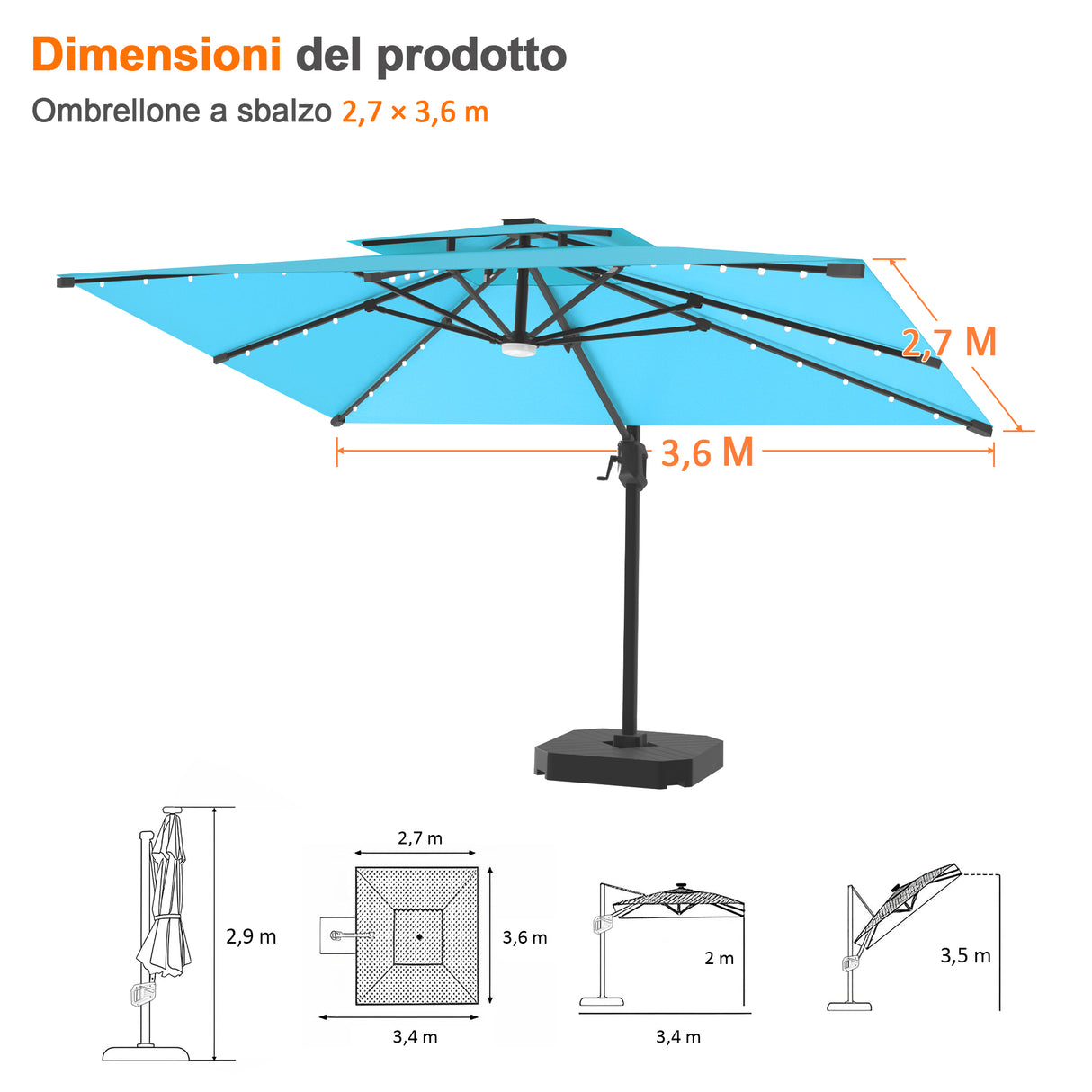 Patioslife Aegis Pro Ombrellone a Braccio con Luci LED, Struttura in Alluminio Rinforzato e Verniciato a Polvere — Ombrellone da Giardino e Patio per Esterni