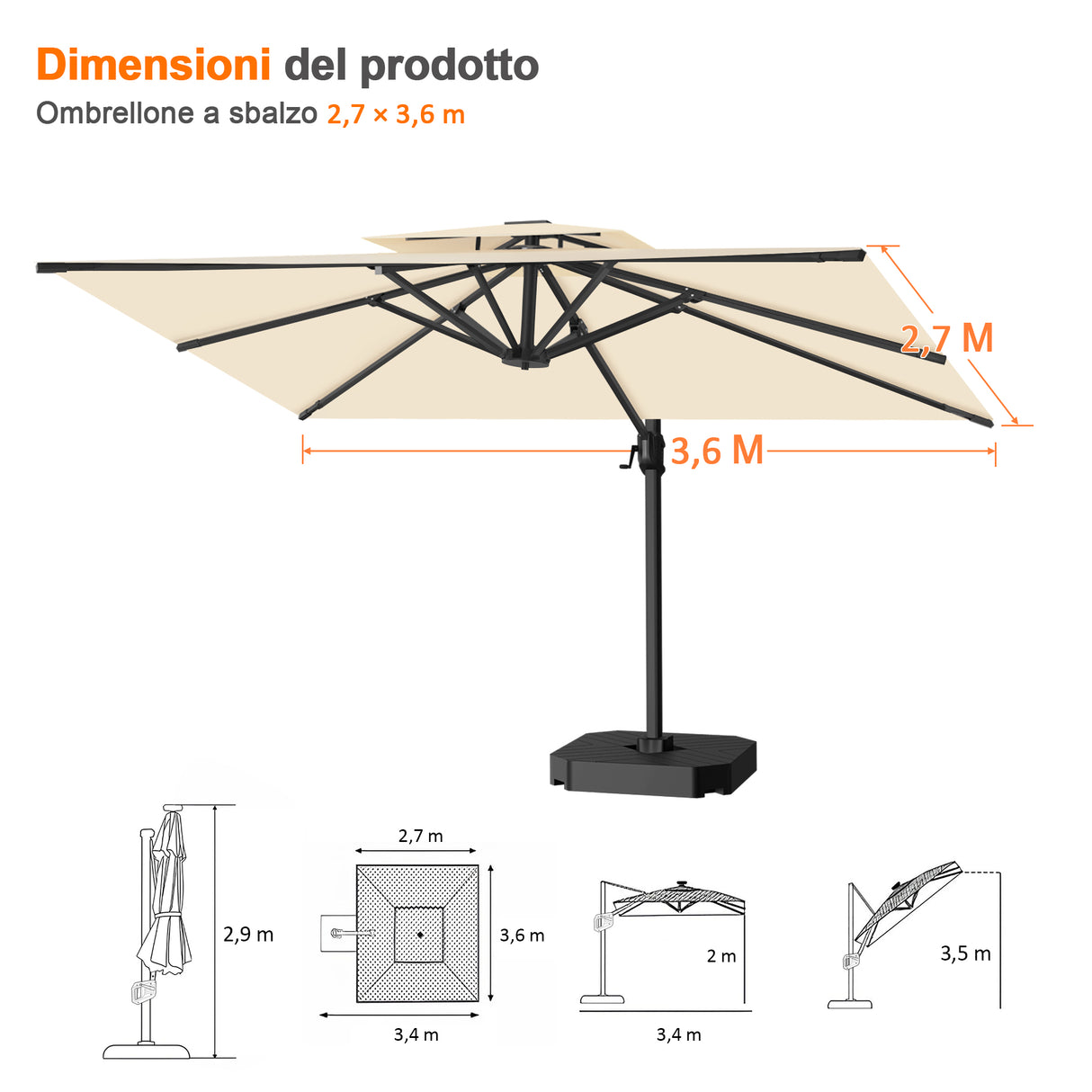 Patioslife Aegis Pro™ Ombrellone a Braccio con Base Incrociata, Struttura Robusta e Palo in Alluminio Verniciato a Polvere – Ombrellone da Giardino e Patio per Esterni