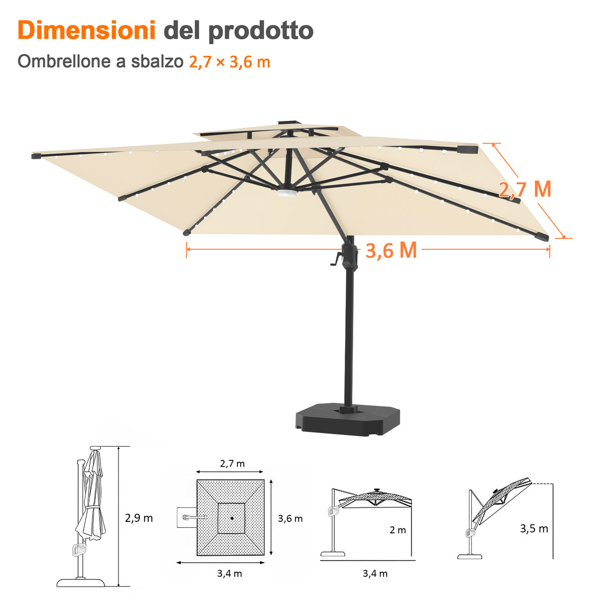 Patioslife Aegis Pro Ombrellone a Braccio con Luci LED, Struttura in Alluminio Rinforzato e Verniciato a Polvere — Ombrellone da Giardino e Patio per Esterni