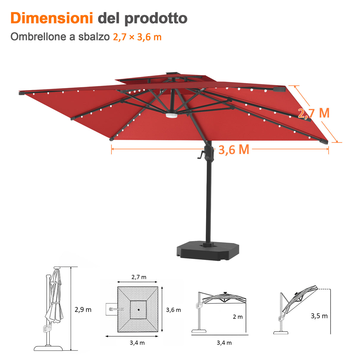 Patioslife Aegis Pro Ombrellone a Braccio con Luci LED, Struttura in Alluminio Rinforzato e Verniciato a Polvere — Ombrellone da Giardino e Patio per Esterni