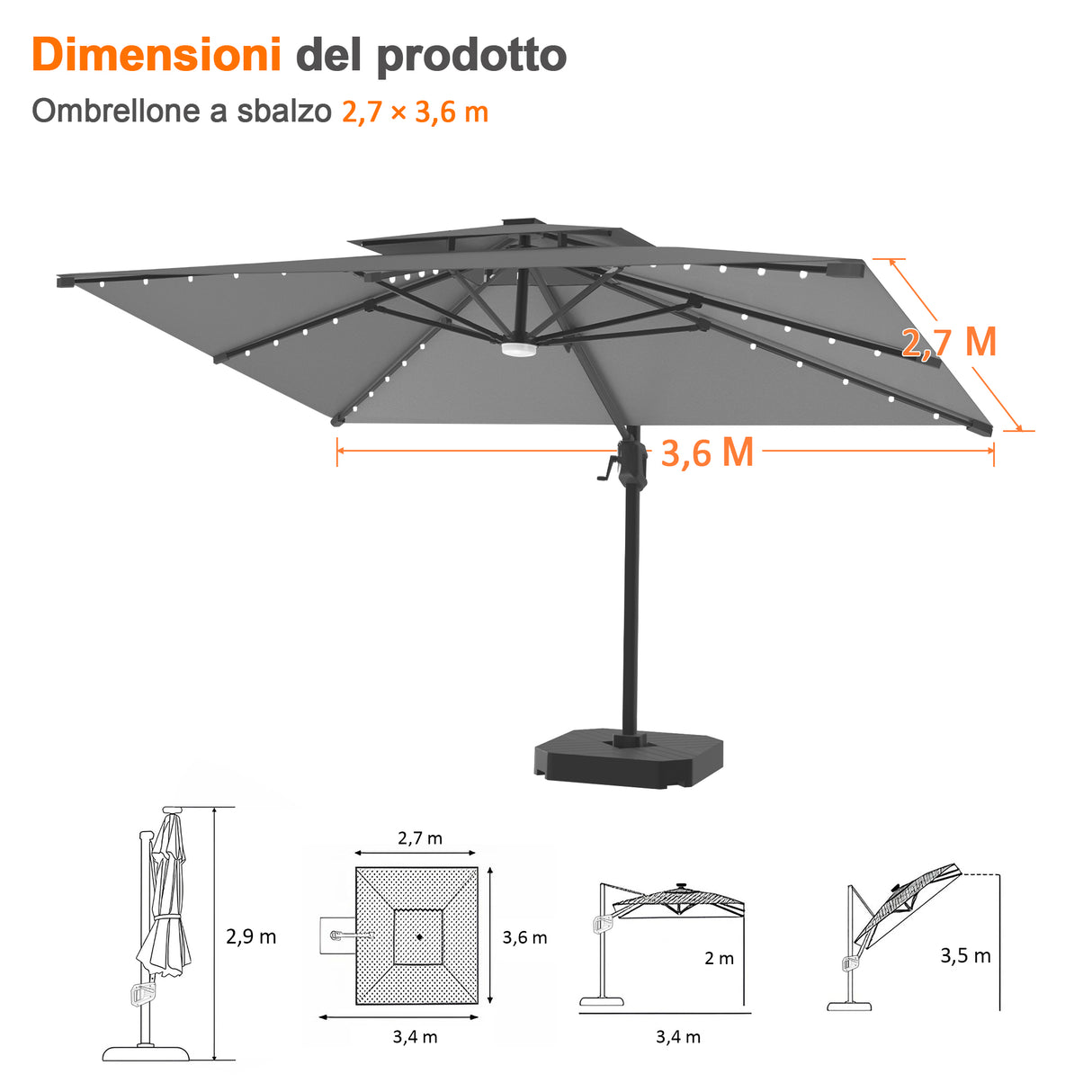 Patioslife Aegis Pro Ombrellone a Braccio con Luci LED, Struttura in Alluminio Rinforzato e Verniciato a Polvere — Ombrellone da Giardino e Patio per Esterni